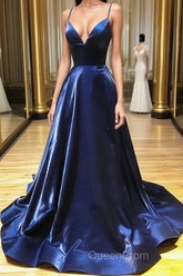 A Line V Neck Backless Navy Blue Evening Prom Dresses, Open Back Navy Blue Formal Evening Dresses