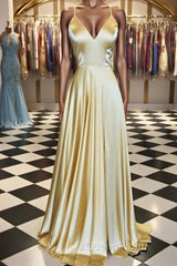 A Line V Neck Backless Yellow Satin Long Evening Prom Dresses, Yellow Backless Formal Dresses, Yellow Evening Dresses