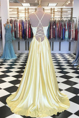 A Line V Neck Backless Yellow Satin Long Evening Prom Dresses, Yellow Backless Formal Dresses, Yellow Evening Dresses