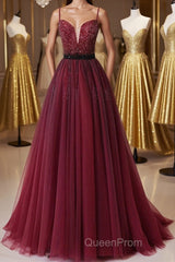 A Line V Neck Beaded Burgundy Tulle Long Evening Prom Dresses, Beaded Burgundy Formal Graduation Evening Dresses