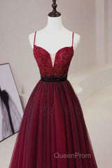 A Line V Neck Beaded Burgundy Tulle Long Evening Prom Dresses, Beaded Burgundy Formal Graduation Evening Dresses