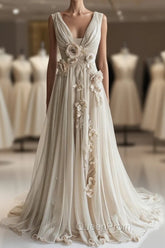 A-Line V-Neck Beaded Chiffon Long Evening Prom Dresses, Vintage Applique Wedding Dresses
