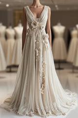 A-Line V-Neck Beaded Chiffon Long Evening Prom Dresses, Vintage Applique Wedding Dresses