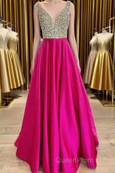A Line V Neck Beaded Fuchsia Long Evening Prom Dresses, V Neck Fuchsia Formal Dresses, Beaded Fuchsia Evening Dresses