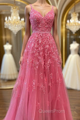 A Line V Neck Beaded Hot Pink Lace Long Evening Prom Dresses, Hot Pink Lace Formal Graduation Evening Dresses