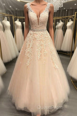 A Line V Neck Beaded Pink Lace Long Evening Prom Dresses, V Neck Pink Lace Formal Dresses, Pink Lace Evening Dresses