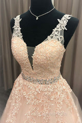 A Line V Neck Beaded Pink Lace Long Evening Prom Dresses, V Neck Pink Lace Formal Dresses, Pink Lace Evening Dresses