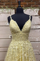 A Line V Neck Beaded Yellow Lace Tulle Long Evening Prom Dresses, Yellow Lace Formal Dresses, Beaded Yellow Evening Dresses