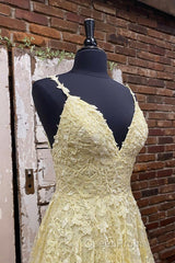 A Line V Neck Beaded Yellow Lace Tulle Long Evening Prom Dresses, Yellow Lace Formal Dresses, Beaded Yellow Evening Dresses