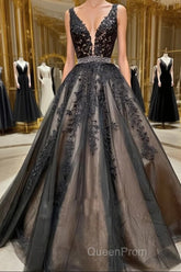 A Line V Neck Black Lace Evening Prom Dresses, Black Lace Formal Evening Dresses