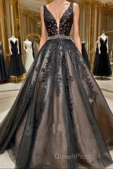 A Line V Neck Black Lace Evening Prom Dresses, Black Lace Formal Evening Dresses