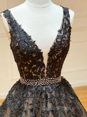 A Line V Neck Black Lace Evening Prom Dresses, Black Lace Formal Evening Dresses