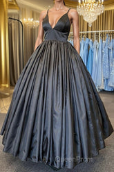 A Line V Neck Black Satin Long Evening Prom Dresses with Pocket, V Neck Black Formal Graduation Evening Dresses