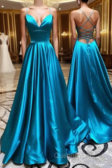 A Line V Neck Blue Backless Long Evening Prom Dresses, Open Back Blue Long Formal Evening Dresses