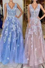 A Line V Neck Blue/Champagne Lace Floral Long Evening Prom Dresses, Blue/Champagne Lace Formal Evening Dresses
