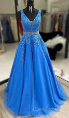 A Line V Neck Blue Lace Long Evening Prom Dresses with Belt, Blue Lace Formal Evening Dresses