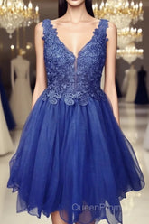 A Line V Neck Blue Lace Short Evening Prom Dresses, Blue Lace Homecoming Dresses, Short Blue Formal Evening Dresses
