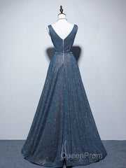 A-line V Neck Blue Long Evening Prom Dresses, Blue Formal Dresses