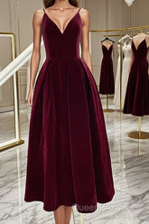 A Line V Neck Burgundy Black Tea Length Evening Prom Dresses, Short Black Wine Red Formal Homecoming Dresses