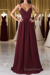 A Line V Neck Burgundy Chiffon Long Evening Prom Dresses with Lace Back, V Neck Lace Back Burgundy Formal Graduation Evening Dresses