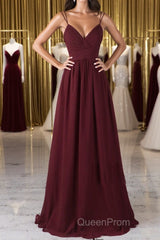 A Line V Neck Burgundy Chiffon Long Evening Prom Dresses with Lace Back, V Neck Lace Back Burgundy Formal Graduation Evening Dresses