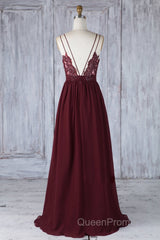 A Line V Neck Burgundy Chiffon Long Evening Prom Dresses with Lace Back, V Neck Lace Back Burgundy Formal Graduation Evening Dresses