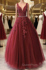A Line V Neck Burgundy Lace Evening Prom Dresses, Burgundy Lace Formal Dresses, Burgundy Evening Dresses