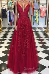 A Line V Neck Burgundy Lace Evening Prom Dresses, Wine Burgundy Lace Formal Evening Dresses