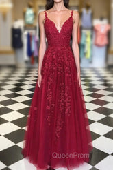A Line V Neck Burgundy Lace Evening Prom Dresses, Wine Red Lace Evening Dresses