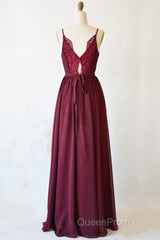 A Line V Neck Burgundy Long Evening Prom Dresses with Lace Back, V Neck Burgundy Formal Evening Dresses, Burgundy Bridesmaid Dresses