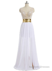 A-line V-neck Cap Sleeves Floor Length Chiffon Pearls Slit Prom Gown