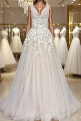 A Line V Neck Champagne Lace Long Evening Prom Dresses, Champagne Lace Formal Dresses, Champagne Evening Dresses