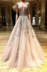 A Line V Neck Champagne Lace Evening Prom Dresses, V Neck Champagne Lace Formal Graduation Evening Dresses