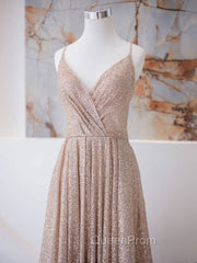 A Line V Neck Champagne Long Evening Prom Dresses, Shiny Tulle Champagne Evening Dresses