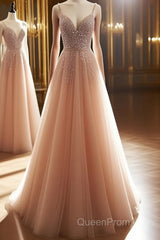 A Line V Neck Champagne Tulle Long Beaded Evening Prom Dresses, Champagne Long Formal Evening Dresses