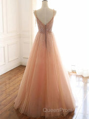 A Line V Neck Champagne Tulle Long Beaded Evening Prom Dresses, Champagne Long Formal Evening Dresses