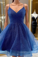 A Line V Neck Dark Blue Short Evening Prom Dresses, Short Blue Graduation Homecoming Cocktail Dresses
