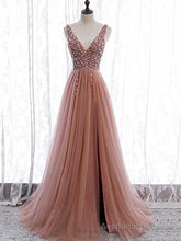 A Line V Neck Dark Pink Beaded Long Prom Dresses, V Neck Pink Long Formal Graduation Dresses