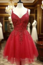 A Line V Neck Dark Red Lace Evening Prom Dresses, Dark Red Lace Evening Homecoming Dresses
