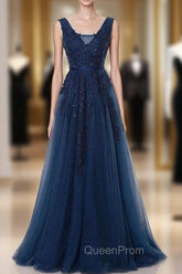 A-Line V-Neck Floor Length Navy Blue Evening Prom Dresses With Appliques