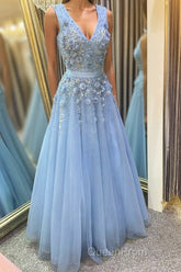 A Line V Neck Floral Light Blue Lace Long Evening Prom Dresses, Light Blue Lace Formal Graduation Evening Dresses