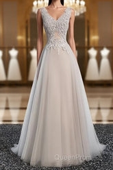 A Line V Neck Gray Floral Long Evening Prom Dresses, V Neck Gray Long Floral Formal Bridesmaid Dresses