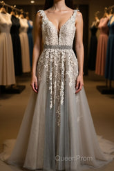 A Line V Neck Gray Lace Long Evening Prom Dresses with Belt, Gray Lace Floral Formal Dresses, Gray Lace Evening Dresses