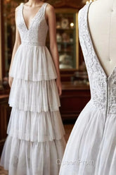 A Line V Neck Gray Lace Evening Prom Dresses, V Neck Gray Lace Formal Graduation Bridesmaid Dresses