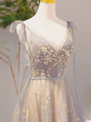 A-Line V Neck Gray Long Evening Prom Dresses, Tulle Sequin Lace Long Forma Dresses