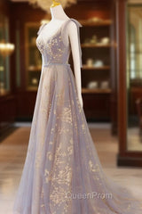 A-Line V Neck Gray Long Evening Prom Dresses, Tulle Sequin Lace Long Forma Dresses