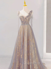 A-Line V Neck Gray Long Evening Prom Dresses, Tulle Sequin Lace Long Forma Dresses