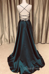 A Line V Neck Green/Blue Backless Long Evening Prom Dresses, V Neck Backless Green/Blue Formal Graduation Evening Dresses