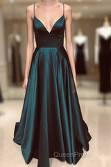 A Line V Neck Green/Blue Backless Long Evening Prom Dresses, V Neck Backless Green/Blue Formal Graduation Evening Dresses