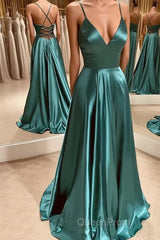 A Line V Neck Green Satin Long Evening Prom Dresses, Backless Green Long Formal Evening Dresses